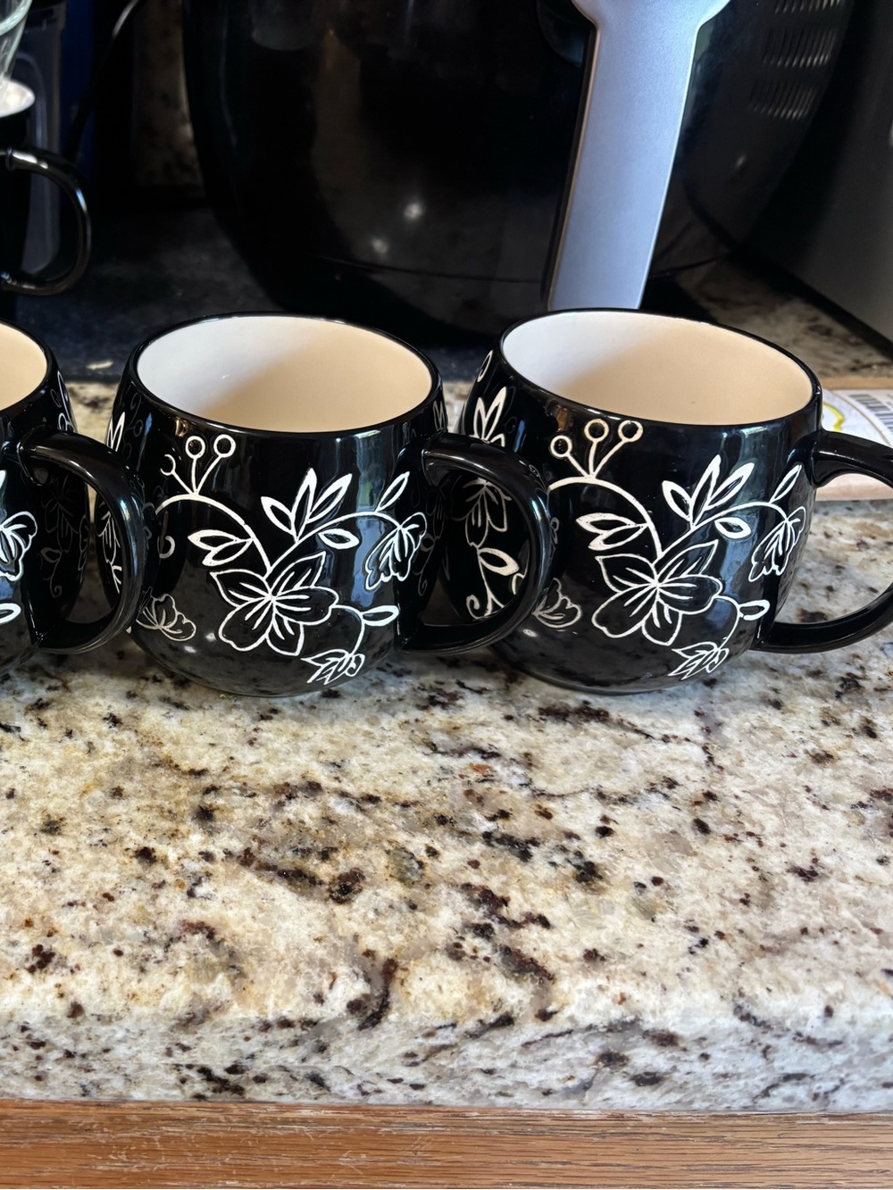 Temptation’s Black Floral Ceramic coffee Mugs - Set of 4